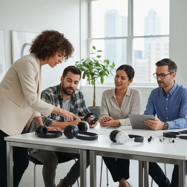 A diverse agency team collaboratively choosing noise cancelling headphones from a selection on a modern desk, illustrating the "Buying Guide" section. There are various headphone models, and team members are discussing features. Eye-level shot, bright and professional lighting, editorial style.