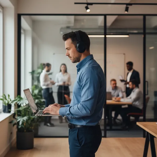 A diverse agency team member wearing noise cancelling headphones, focused on their laptop in a modern, open-plan office setting. The office has glass partitions and collaborative spaces in the background. Side view, natural light, realistic photo style.