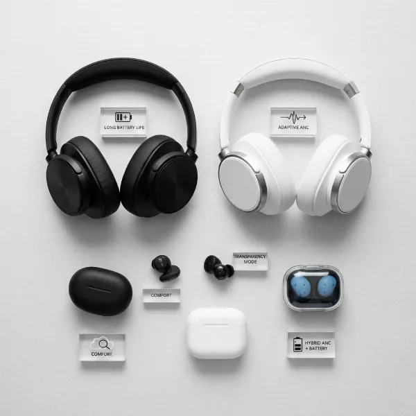 Selection of various noise-cancelling headphones for a buying guide, with feature icons