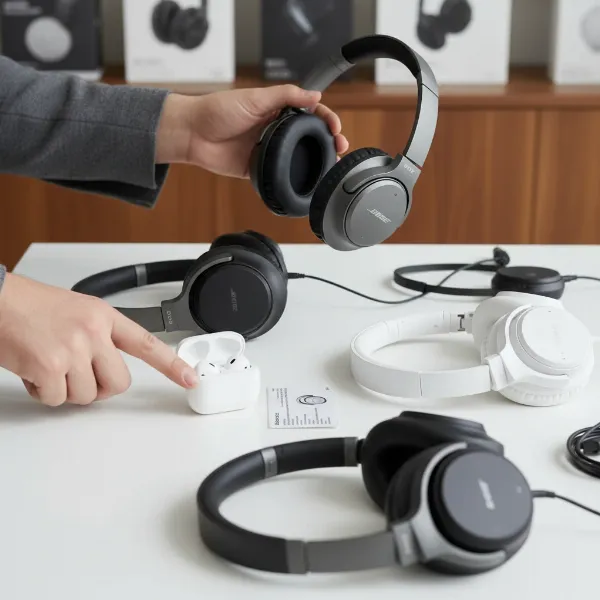A person examining various noise cancelling headphones models on a table, highlighting the decision-making process.