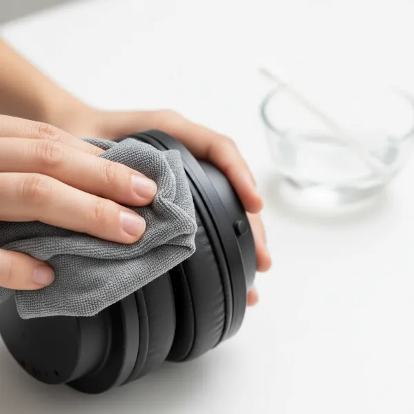 A person cleaning noise-cancelling headphone earcups with a soft cloth and mild solution