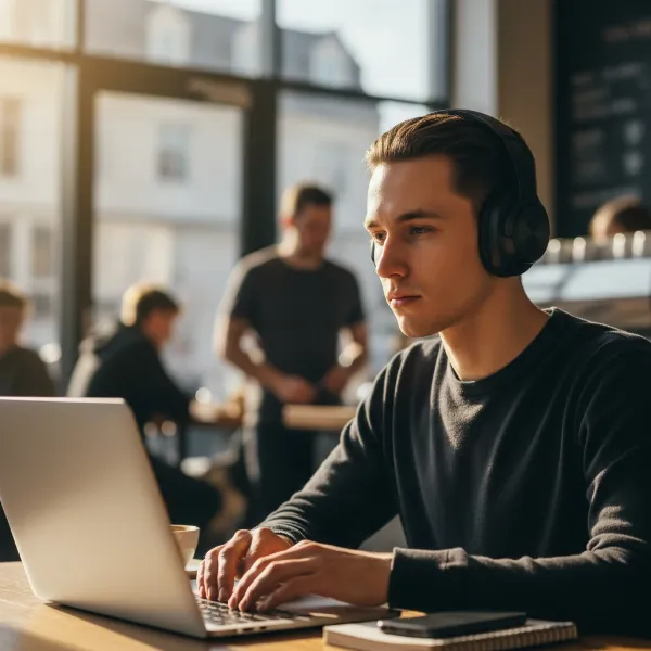A person wearing noise-cancelling headphones, deeply focused in a busy cafe, highlighting concentration benefits.