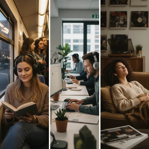 People using noise cancelling headphones in various scenarios like commuting, working, and relaxing.
