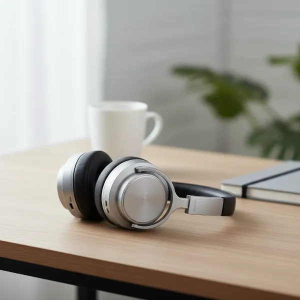 Stylish noise cancelling headphones resting on a clean, minimalist desk surface with a blurred background.