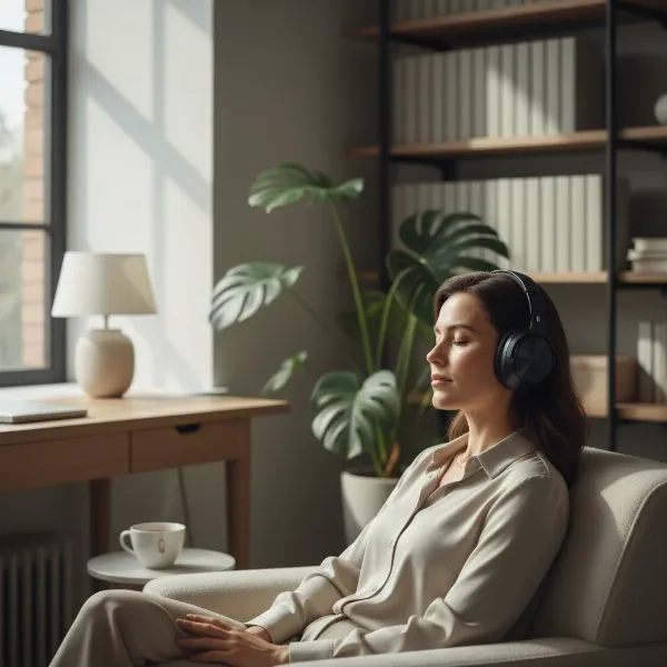 A person wearing stylish noise-cancelling headphones, looking relaxed and focused in a calm, modern setting.