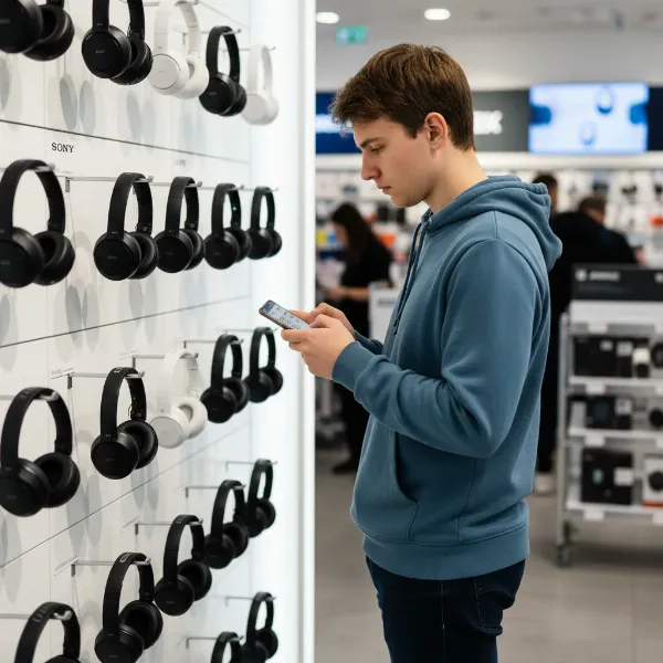 A person in a store carefully examining different noise cancelling headphones, researching on their phone.