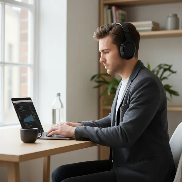 Person wearing noise-cancelling headphones in a quiet, focused setting with a laptop, showing productivity.