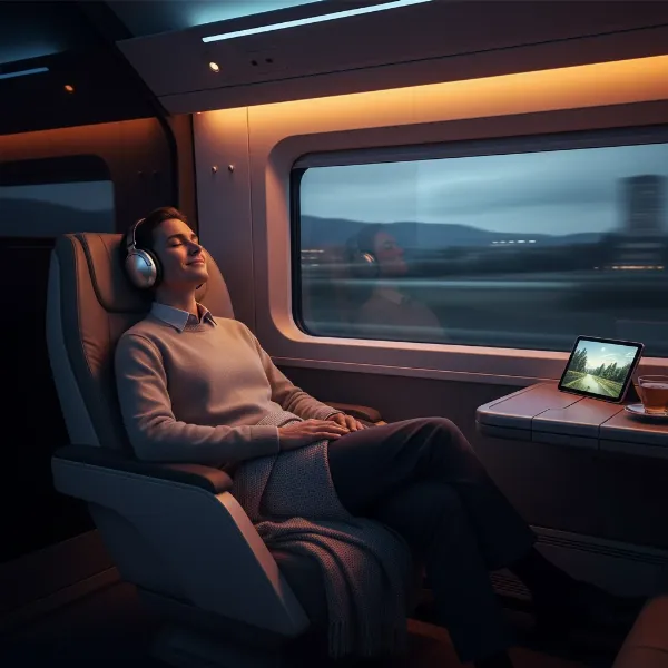 Traveler relaxing with noise cancelling headphones, calm travel experience