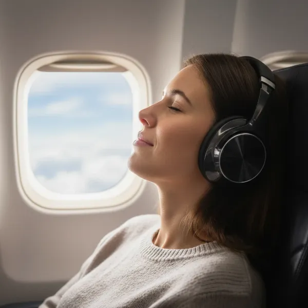 Traveler enjoying peaceful flight with active noise cancelling headphones, serene atmosphere