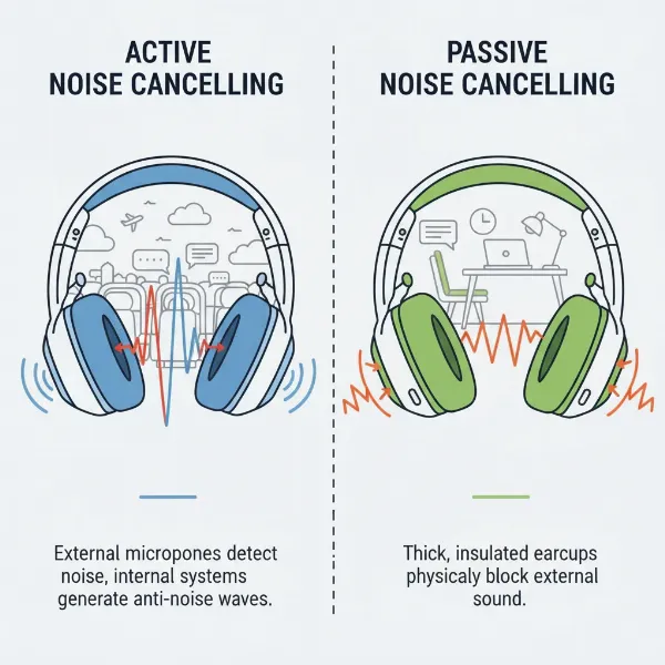 Diagram illustrating the difference between active and passive noise cancelling technologies