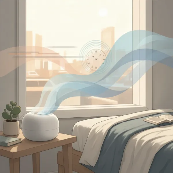 An illustration of a modern white noise machine emitting sound waves that blend with and mask distracting environmental noises for a user in a bedroom.